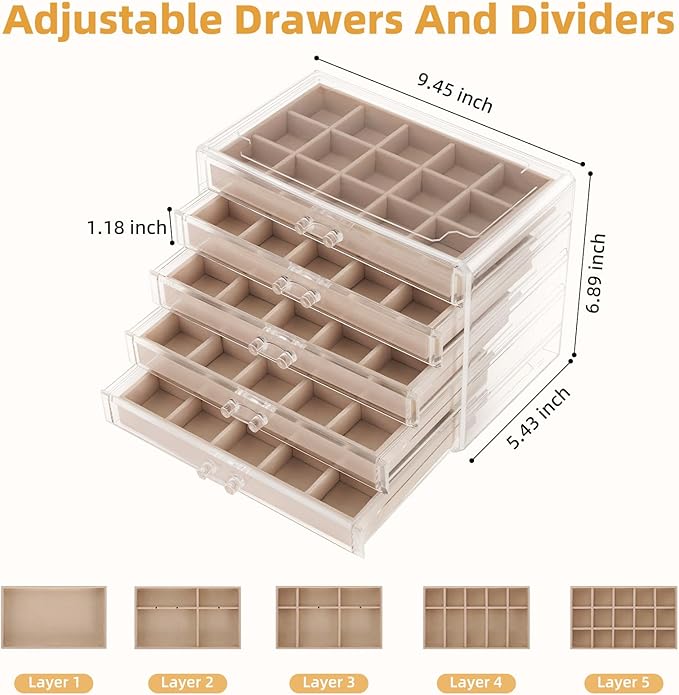 Jewelry Box Organizer，Acrylic Storage Organizer with 5 Drawers Adjustable Velvet Trays grid size Jewelry Storage Box Clear Jewelry Organizer Gift for Women Girls (5 layer)
