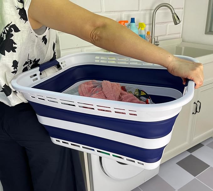 SAMMART 42L (11 Gallons) Collapsible Plastic Laundry Basket - Foldable Pop Up Storage Container/Organizer - Portable Washing Tub - Space Saving Hamper/Basket [BPA Free] (White/Starry Blue)