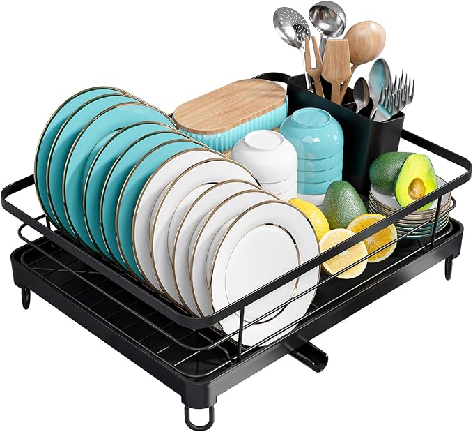 Sakugi Stainless Steel Dish Drying Rack for Kitchen Counter, Sink Organization and Storage Essentials with Silverware & Utensil Holder, Home and Apartment Decor, 12.5''W x 16.5'L, Black