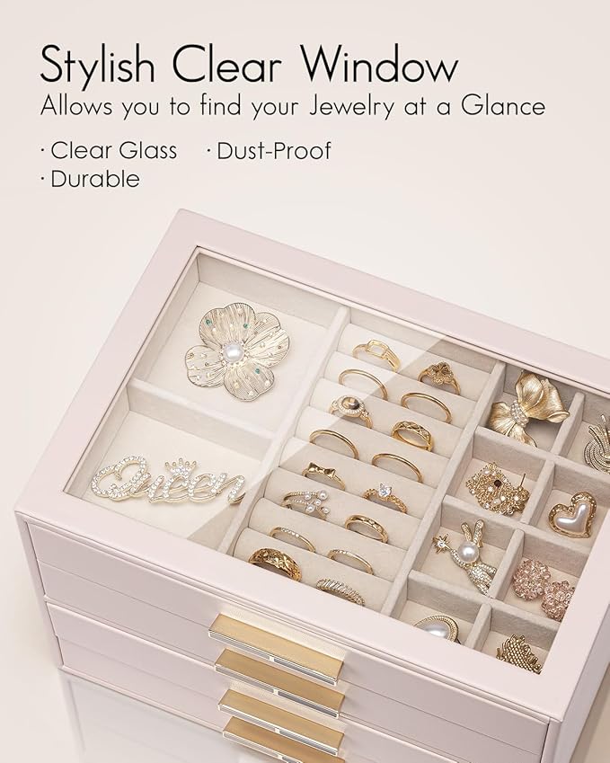 Vlando Jewelry Box for Women Girls,Jewelry Organzier,4 Drawers,Glass Lid Jewelry Display Storage for Gem Diamond Necklaces Rings Earrings Bracelets Apricot White