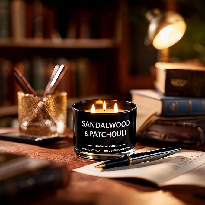 Patchouli & Amber Scented Candle, Luxury Large 3 Wick Soy Candle 12 Oz, 60+ Hour Long Lasting Clean Burn, Elegant Aromatherapy Home Decor, Housewarming & Birthday Gift for Men & Women