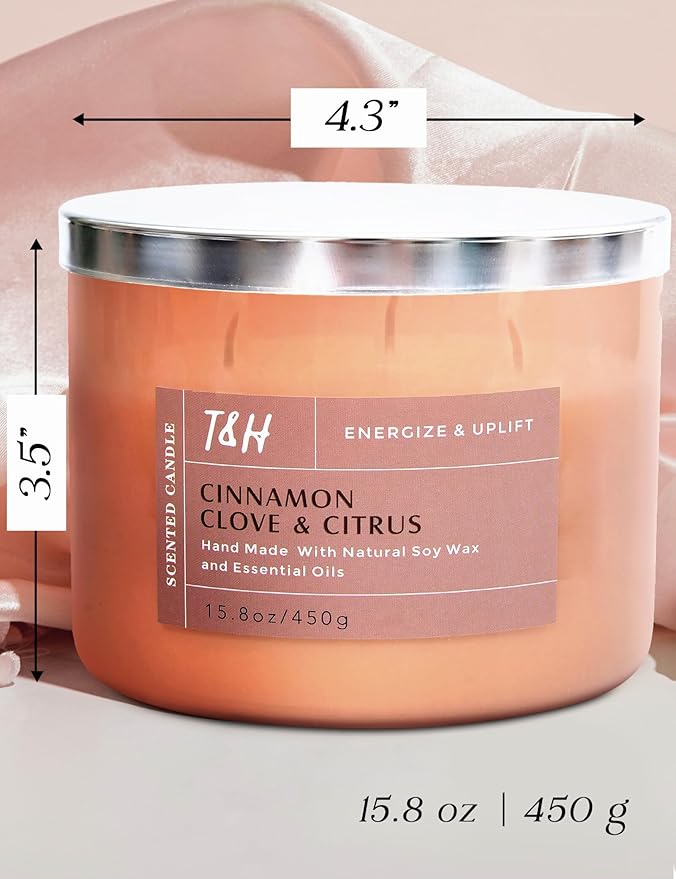 Cinnamon Clove Citrus 3 Wick Soy Candle Large 15.8oz | Spiced Orange Scented Candles for Home | Clean Burn Long Lasting Candle | Warm Cozy Aromatherapy Candle | Housewarming Birthday Gift