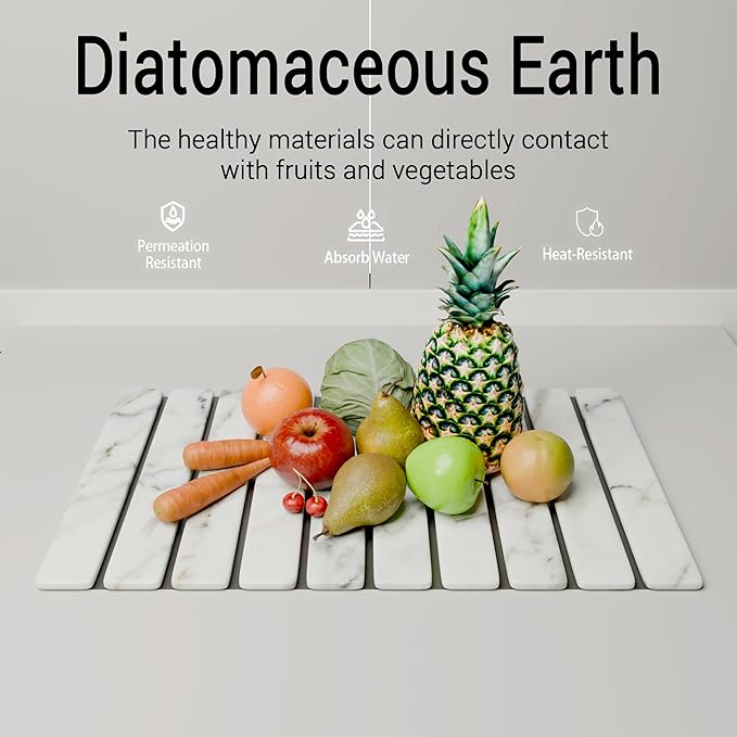 Hycrest HavenMat – Large Stone Dish Drying Mat (24”x16”) with Bamboo Rack & Brush | Quick-Dry Diatomite Counter Mat for Dishes, Glassware, Plants & Pets | Grey Kitchen Drying Stone (Marble)