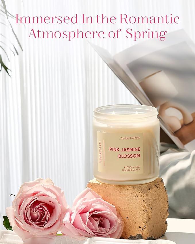 M&SENSE Pink Jasmine Rose Scented Candle - 11.6oz Natural Soy Wax 70-Hour Long Lasting Burn Time, 2-Wick Spring Non-Toxic Romantic Candle for Home Decor Flower Scent Gifts for Her Him