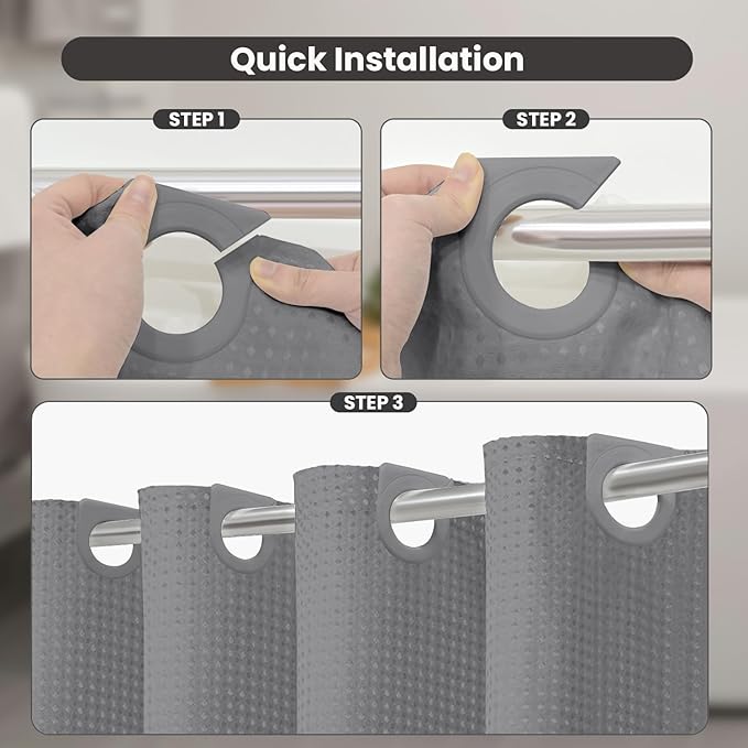 Inhousolu No Hook Waffle Weave Shower Curtain with Removable Snap in Fabric Liner Set for Bathroom, 230 GSM Heavy Duty Weighted Hem, Water Repellent Washable Bath Curtains, 72 x 72 Inch, Grey