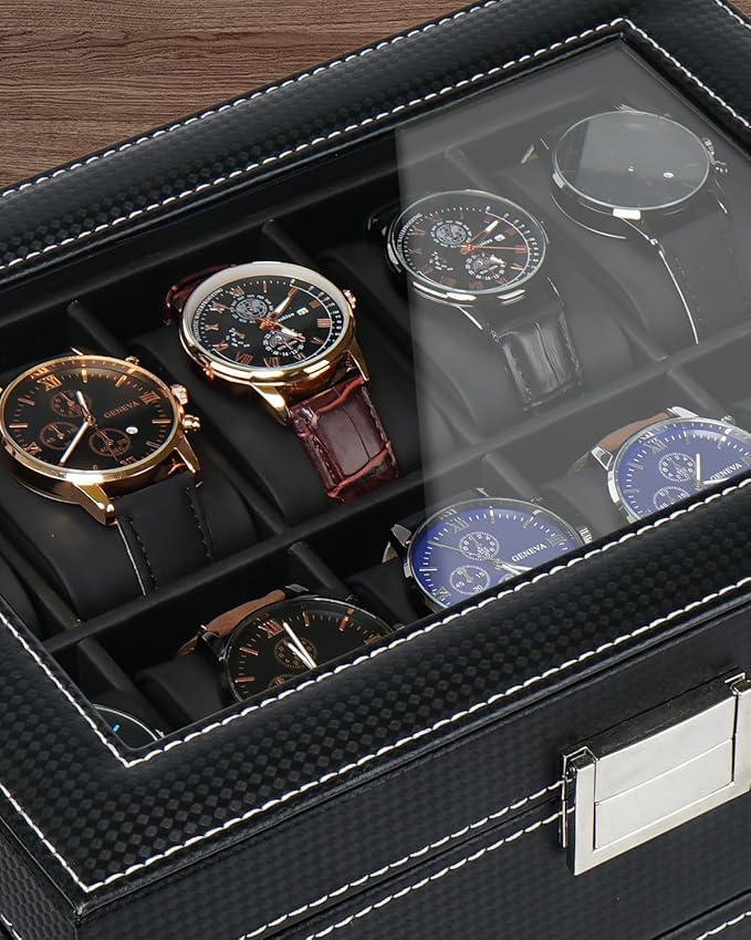 Jenseits Watch Box, 20 Slot Watch Case for Men, 2 Layers Lockable Watch Display Case with Glass Lid, Large Capacity Watch Storage Organizer, Gift for Loved Ones, Luxury Watch Holder (Black)