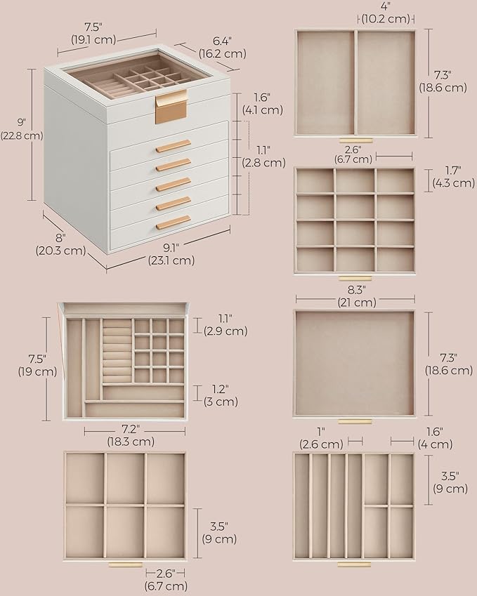SONGMICS Jewelry Box Organizer with Glass Lid, 6-Layer Jewelry Storage, with 5 Drawers, Modern Style, 8 x 9.1 x 9 Inches, Cloud White and Gold Color UJBC176W01