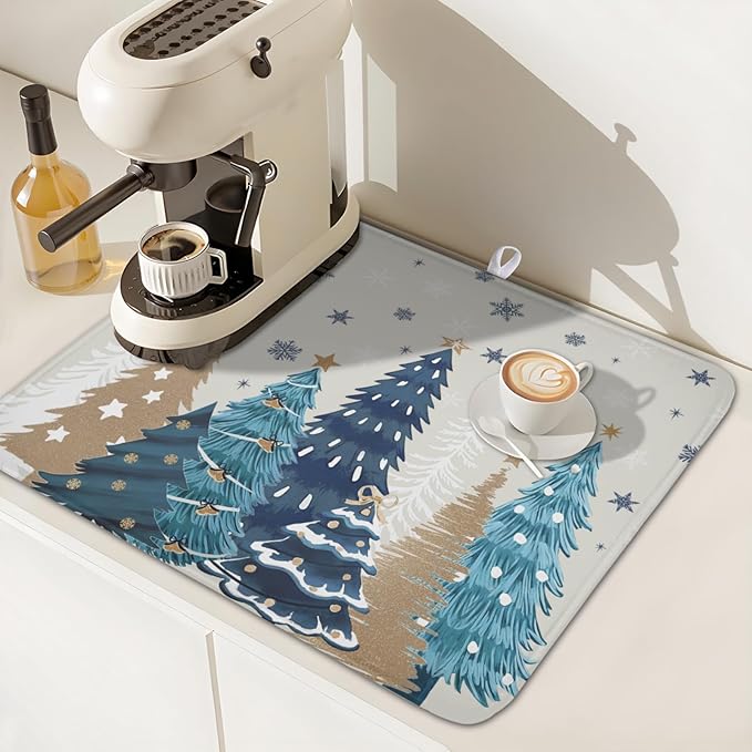 Christmas Tree Dish Drying Mat for Kitchen Counter 18x16 Inch Xmas Snowflake Drying Mat with Absorbent Reversible Microfiber House Blue Trees Dish Drainer Mats Rack Pad for Coffee Countertop Protector