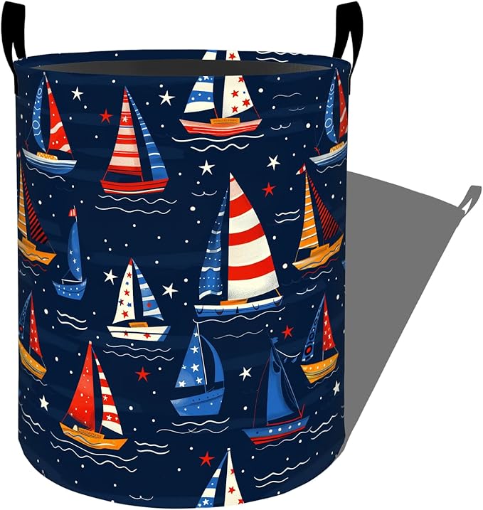 Colorful Sailboat Stars Waves Night Sky Laundry Basket with Handles, 19.7"x15.7" Clothes Foldable Laundry Hamper Organizer for Dorm Nursery Bedroom Bathroom Decor, Toy Storage Bin for Kids