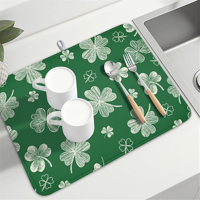 ABSOP St Patrick's Day Dish Drying Mat 18 x 24 Inch Green Shamrock Dish Drainer Rack Mat Absorbent Microfiber Mats for Spring Lucky Clovers Dish Pad for Kitchen Coffee Bar Decor