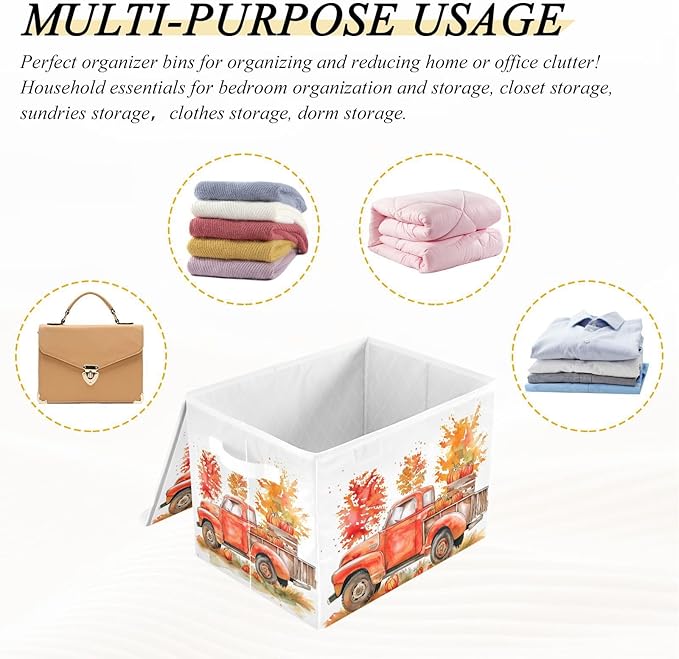 senya Thanksgiving Baskets Collapsible Storage Bins with Lids, Orange Truck Fall Harvest Storage Boxes Clothes Baskets for Organizing, B06D22020