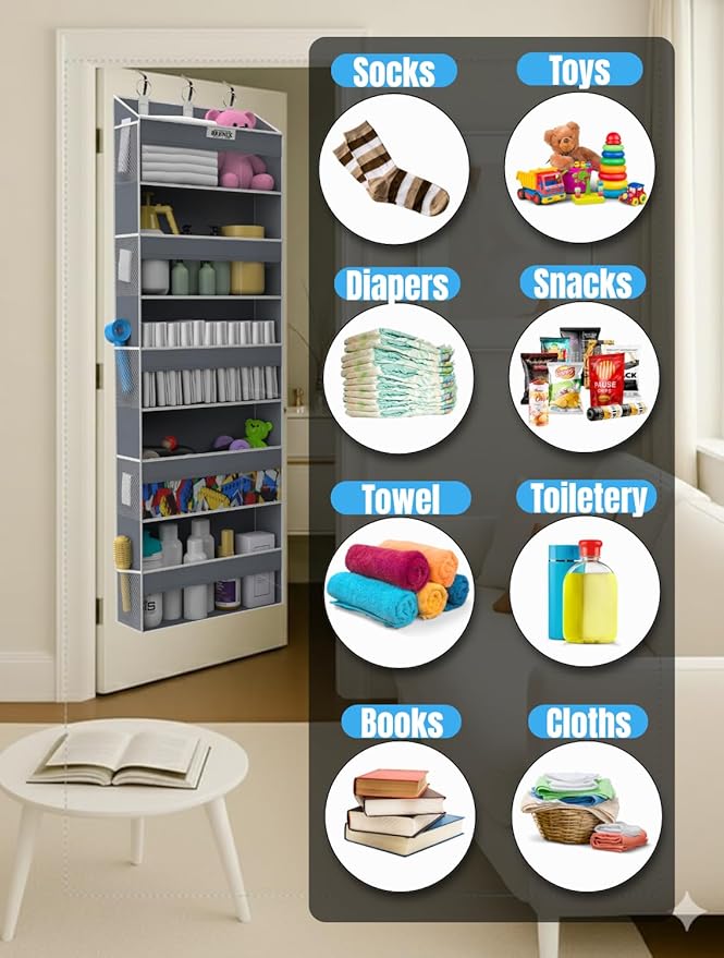 BRENIX Over the Door Organizer with 5 Large Pockets & 10 Mesh Side Pockets – Durable Hanging Storage for Closet, Bathroom, Bedroom, and Nursery– Space Saving Door Storage with Sturdy Metal Hooks.
