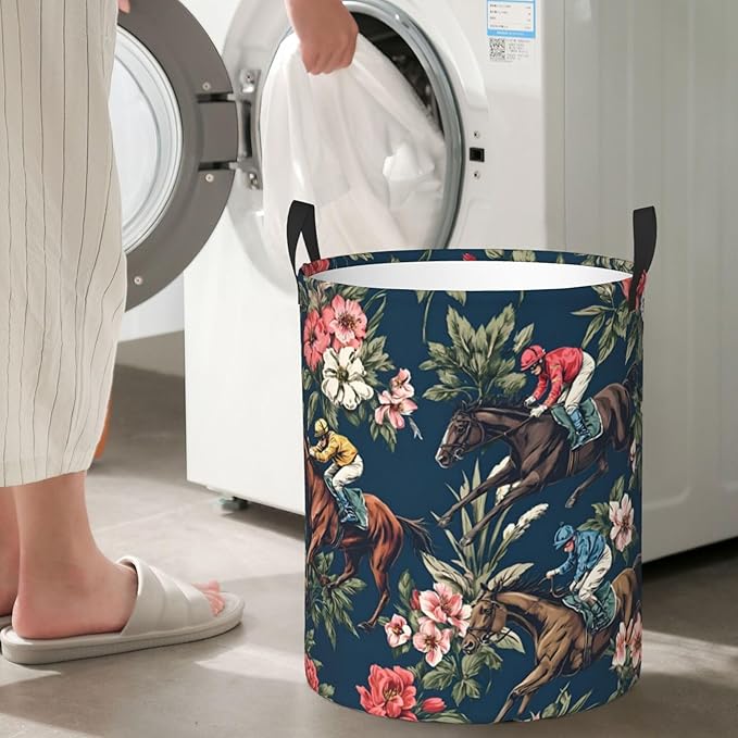 Large Laundry Basket with Handles, Horse Racing Floral Print, Navy Blue, 19.6x15.7 Inches, Collapsible Storage Bin (Horse Racing)