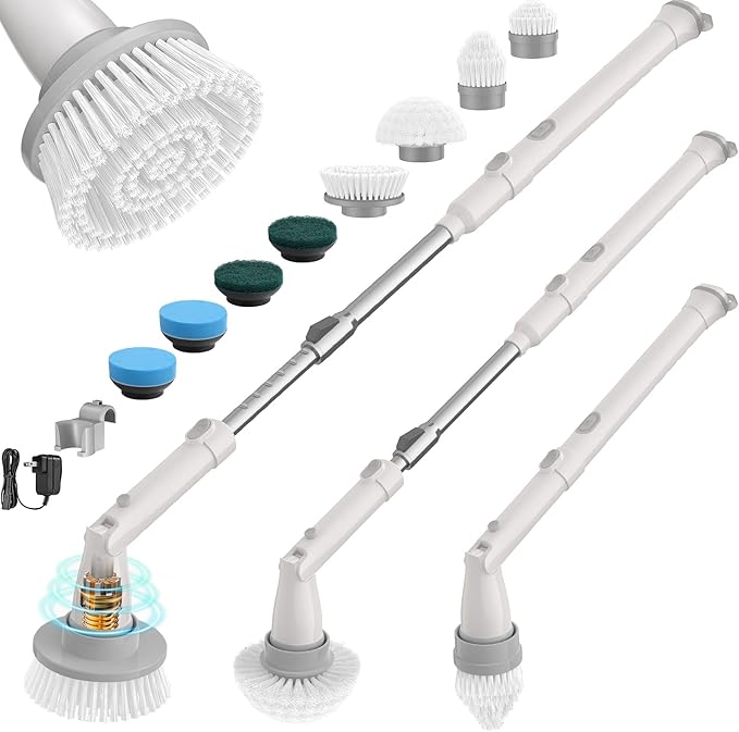 Sweepulire Electric Spin Scrubber SW1, Shower Scrubber with Long Handle, 2 Spin Speeds, Electric Bathroom Scrubber with 8 Replacement Heads, Bath Tub Cleaner Brush for Floor, Tub, Shower, Tile