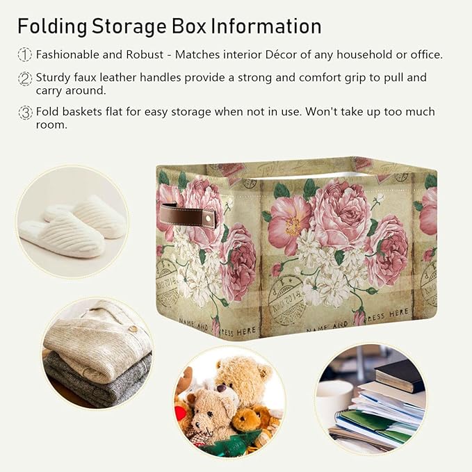 ALAZA Vintage Shabby Chic Rose Floral Foldable Storage Box Storage Basket Organizer Bins with Handles for Shelf Closet Living Room Bedroom Home Office 1 Pack