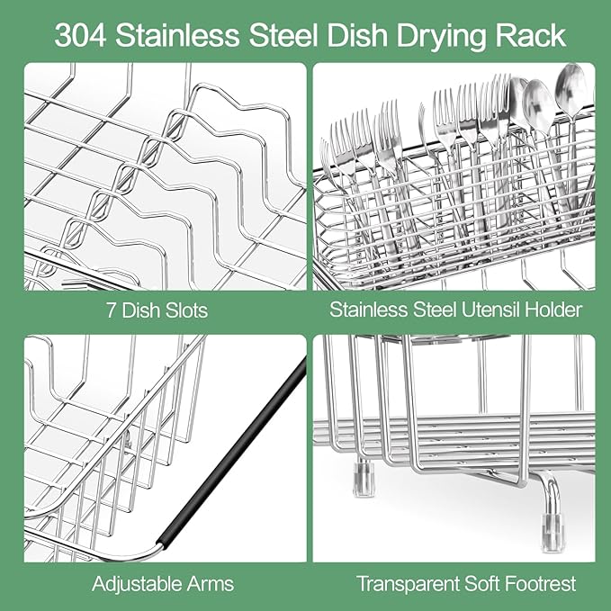 SwetLao Large Sink Dish Drying Rack, Expandable 304 Stainless Steel Metal Dish Drainer Rack Organizer Shelves with Stainless Steel Utensil Holder Over Inside Sink, Rustproof