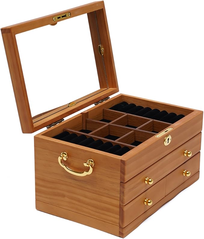 3-Layer Jewelry Organizer with 2 Drawers Wooden Jewelry Box Organizer Display Storage Case with Mirror and Lock for Women Necklace Ring Storage
