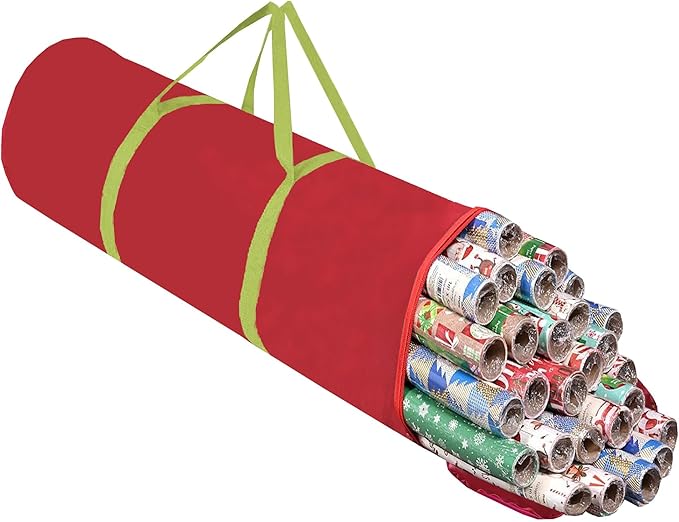 OUTTDID Christmas Wrapping Paper Organizer Storage, 41" Gift Wrapping Paper Storage Containers, 600D Oxford Fabric Gift Wrap Paper Holder Fits 18-25 Rolls, with Handles and Zippered, Red