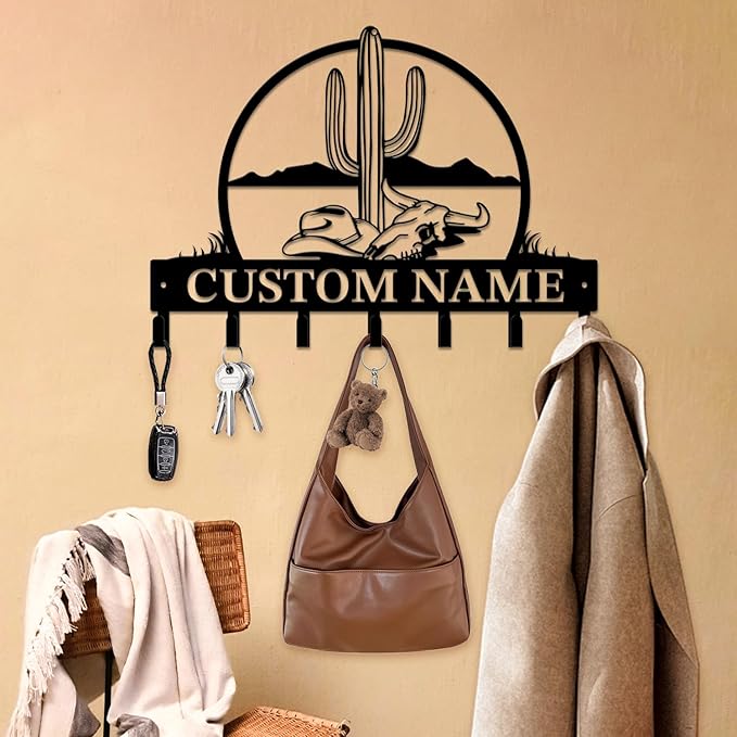 Personalized Custom Name Cactus Wall Keys Hooks,Metal Cactus Art Clothes Hooks,Metal Cactus Lover Wall Home Storage Decorative,For Front Door, Hallway, Kitchen, Bedroom,Keys,Hats (Style I)