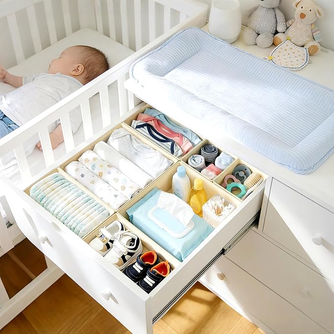 DIMJ Drawer Organizer Clothes, 26 Pack Dresser Organizer, Foldable Closet Organizers and Storage, Fabric Dresser Bins, Drawer Dividers for Nursery, Baby Clothes, Underwears, Sock (Beige)