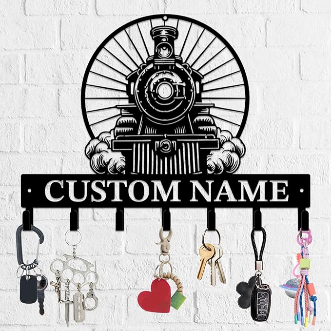 Personalized Train Metal Keys Hooks,Custom Name Metal Train Keys Hooks,Black Metal Train Wall Home Storage Decorative Keys Hooks,Key Holder Hooks for Wall (Style K)