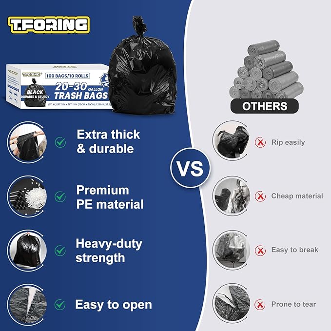 T.FORING 20-30 Gallon Trash Bags Black - 1.28 Mil Thick,30" x 35" Large Garbage Bags 100 Count，20+ Gallon Heavy Duty Trash Can Liners Unscented for Kitchen Home Office Commercial Outdoor