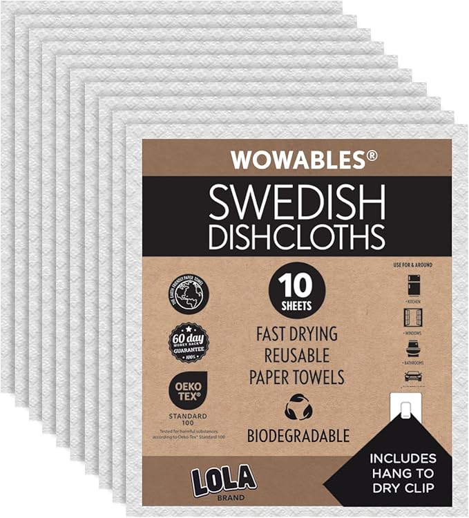 LOLA Swedish Dishcloths for Kitchen 10 Sheets, Biodegradable & Compostable Reusable Paper Towel Cleaning Cloths Zero Waste No Odor Washing Dishes Ultra Absorbent Cellulose Sponge Towel Made in Germany