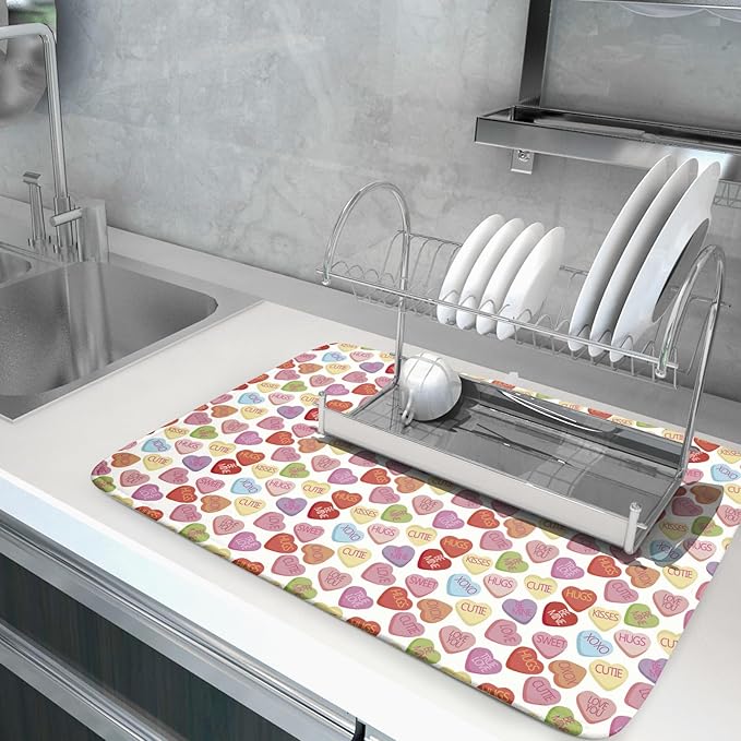 Valentine’s Day Dish Drying Mat for Kitchen Counter 24x18 Inch Colorful Love Drying Mat with Absorbent Reversible Microfiber Holiday Dish Drainer Mats Rack Pad for Coffee Countertop Protector