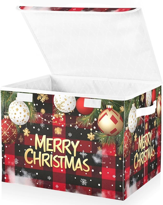 Bolaz Storage Bins with Lids and Handles,Christmas Red Plaid Storage Box Storage Basket with Cover Collapsible Organizer Containers for Home Closet, Shelves