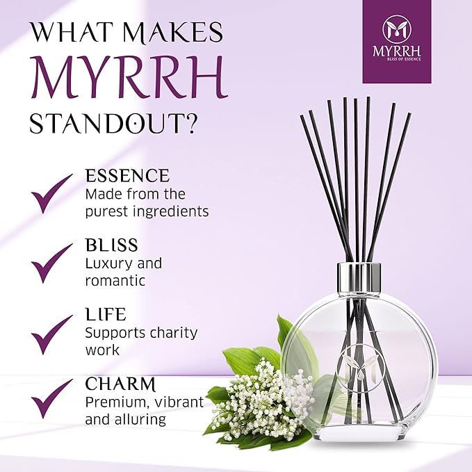Lily of The Valley Scented Reed Diffuser Set with 8 Rattan Diffuser Sticks, 150 ml, All Natural Air Freshener, Long-Lasting Diffusers at Home - MyrrhUSA