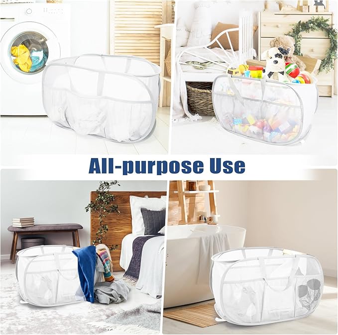 Collapsible Laundry Baskets, Upgrade Pop Up Laundry Hamper with Convenient Bags, Foldable Laundry Basket Mesh Light Weight, Easy to Carry Clothes Hampers for Laundry, Dorm, Toys, Travel White