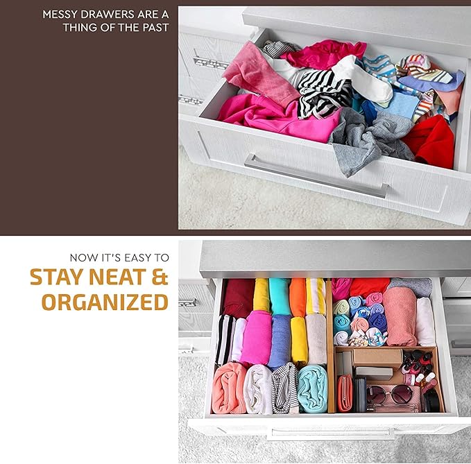 6 Pack Bamboo Drawer Dividers - 17" to 21.5" Expandable Adjustable Drawer Organizer for Kitchen Utensils, Large Kitchen Drawer Divider, Clothes, Dresser, Bedroom, Bathroom & Desk Drawer Separator Set