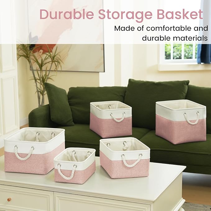 Storage Baskets for Shelves 11.8x7.9x5.2 Inch, Foldable Fabric Storage Bins with Handles, Small Storage Baskets for Organizing Closet, Office, Home Organization (3-Pack, White&Pink)