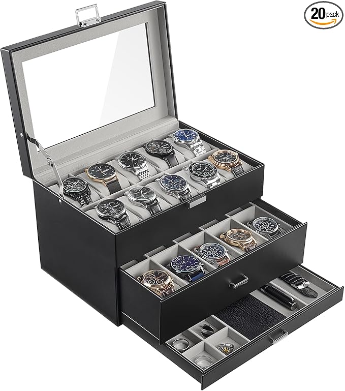ProCase 20 Slot Watch Box for Men, 3-Layer Watch Display Case with Glass Lid, Watch Holder with Drawer, Jewelry Storage Organizer for Watches Straps Rings -Black