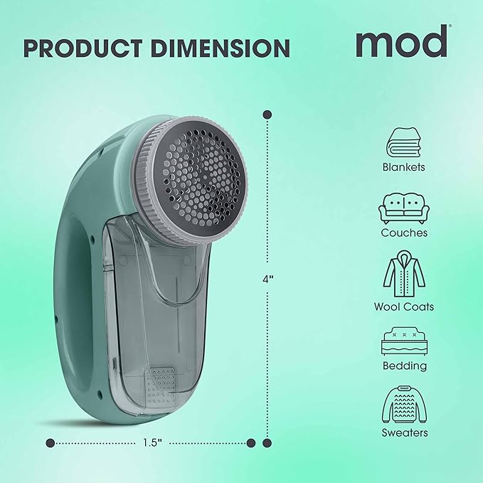 MOD Portable Fabric Shaver and Lint Remover, Reusable Pet Hair Remover, Lint Roller for Clothes, Sweater Shaver, Couch, Blankets, Curtains with Detachable Lint Collector Tank, Battery Operated, Green