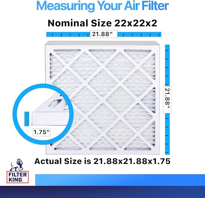 Filter King 22x22x2 Air Filter | 6-PACK | MERV 8 HVAC Pleated A/C Furnace Filters | MADE IN USA | Actual Size: 21.88 x 21.88 x 1.75"
