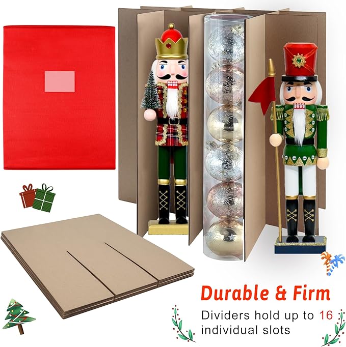 Christmas Nutcracker and Figurine Collectible Storage Box, Fits 16 Holiday Ornaments, Stores Up to 16" Tall Ornaments, Holiday Decor Organizer with Dividers, Nutcracker not Included(Red)