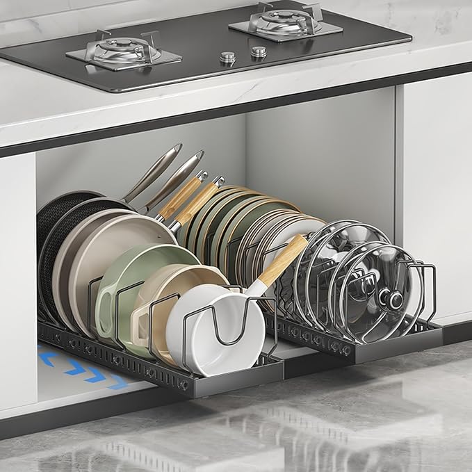 Enskatec 2 Pack Expandable Pots and Pans Organizer Under Cabinet, Sliding Pot Lid Holder and Pan Rack in Kitchen, Pull out Kitchen Cabinet Storage, with 10 Adjustable Dividers