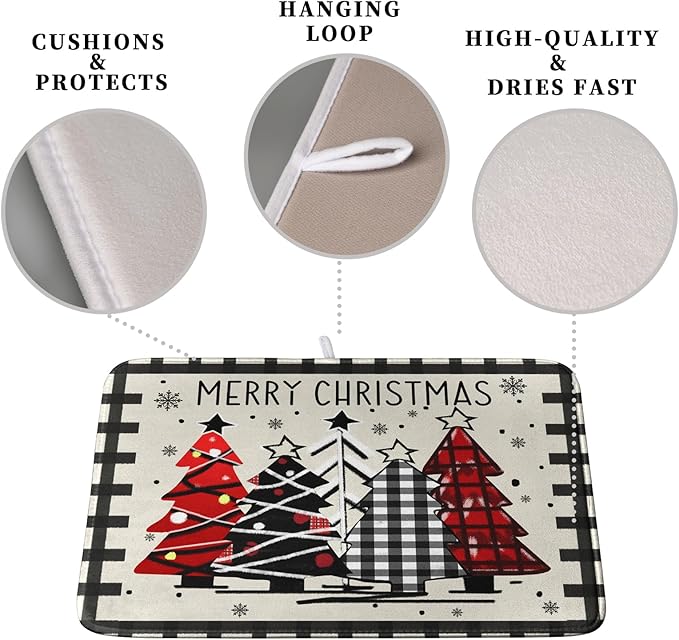 Kwlegh Merry Christmas Dish Drying Mats for Kitchen Counter 16x18 Buffalo Plaid Christmas Tree Microfiber Absorbent Drying Mat Seasonal Winter Holiday Drying Pad Dish Drainer Mat for Coffee Bar Sinks