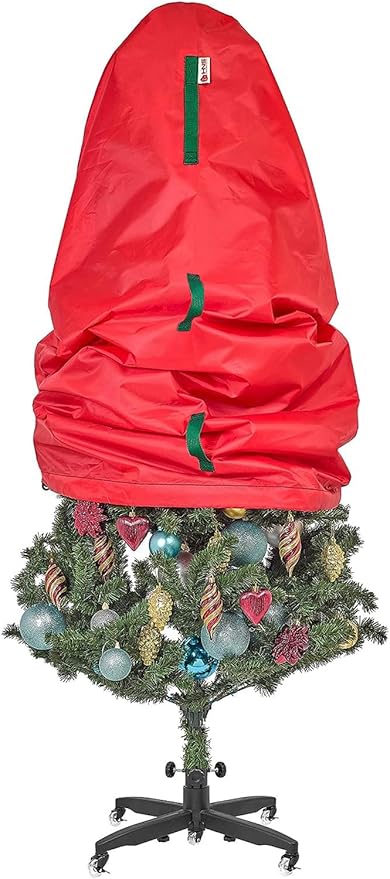 Upright Christmas Tree Storage Bag - Fits 7 Ft Artificial Xmas & Topiary Tree, Vertical Holiday Cover, Durable, Dustproof & Easy-Use Xmas Storage, Red