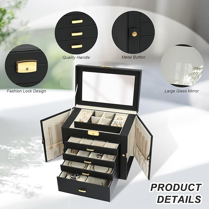 Jewelry Box for Women, 5-Layer Jewelry Organizers Box, Large Jewelry Storage Box for Girls, Jewelry Holder Organizers Gift for Valentine's Day, Christmas, New Year (Black)