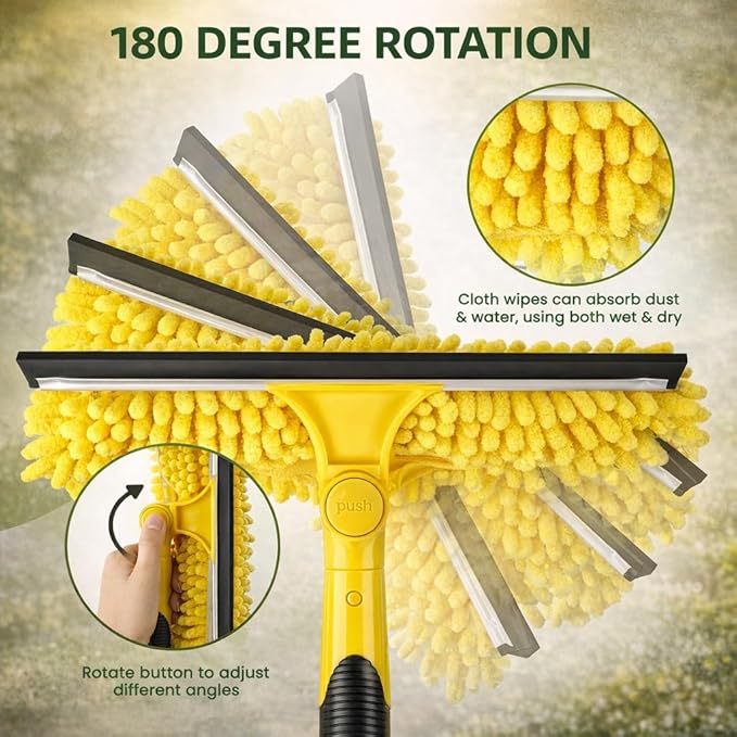 150'' Long Reach Window Squeegee with Telescoping Extension Pole, 2-in-1 Indoor/Outdoor Cleaning Tool with 270° Rotatable Head, Lightweight Alloy Aluminum Pole for Shower Door, Mirror, Car Windshield