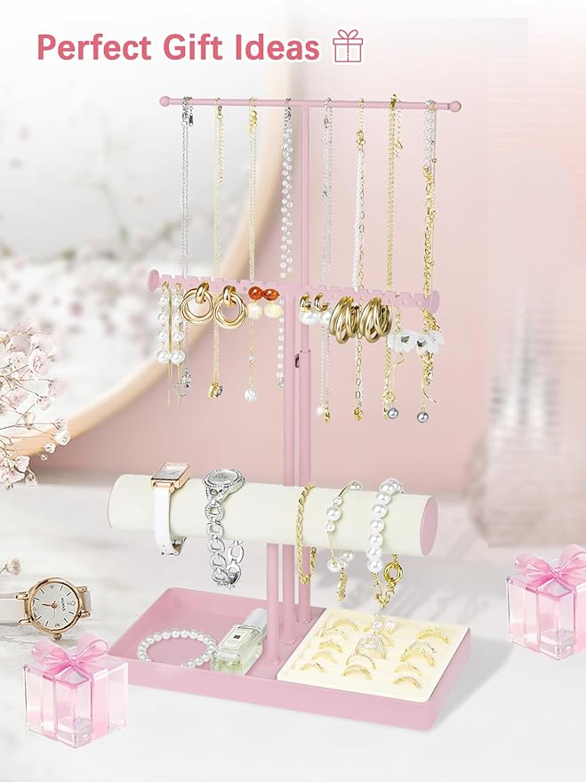 Jenseits Jewelry Holder Stand Organizer, 3-Tier Necklace Holder w/Bracelet Holder Display & Velvet Rings Tray, Pink Jewelry Organizer for Women Girls, Cute Aesthetic Jewelry Hanger Tower Storage Rack