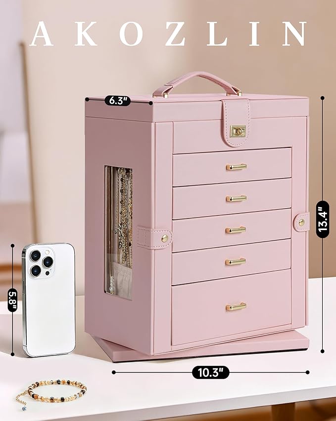 AKOZLIN 360° Rotating Jewelry Box 6-Tier Organizer Functional Jewelry Storage Case for Women Girls Ring Necklace Earring Bracelet Holder with Mirror Pink