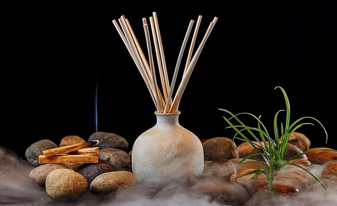 Blueme Spiritual Diffuser | Palo Santo & Vetiver | 16.91 Fl Oz - Refillable Wellness Diffuser, Contains Essential Oil, Sustainable, Hand Finished, Premium, Luxury Ceramic, Natural Rattan Reeds | Large