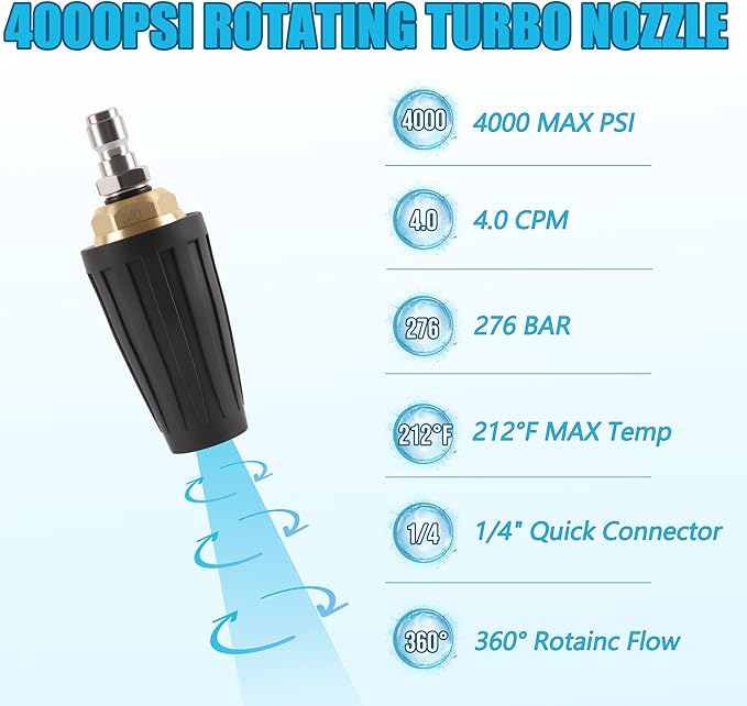 AutoViteX Pressure Washer Tips Turbo Nozzle 4000 PSI with 7 Pieces Spray Tips, 4.0 GPM 4.0 Orifice, 1/4" Quick Connect for Concrete, Cleaning Brick and Vinal Surfaces