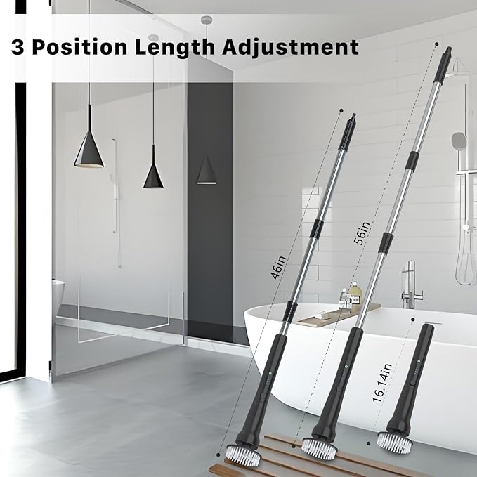 Electric Spin Scrubber, Hillyfe Bathroom Scrubber Electric with 7 Replaceable Brush Heads, IPX7 Waterproof,300/400 RPM, 3 Adjustable Length,Scrubber Brush Electric for Bathtub Floor,Black