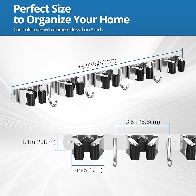 2 Pack Broom Holder Wall Mount Mop and Broom Hanger Broom Organizer Storage Tool Racks Stainless Steel Heavy Duty for Kitchen Garden Laundry Garage (5 Racks with 4 Hooks)