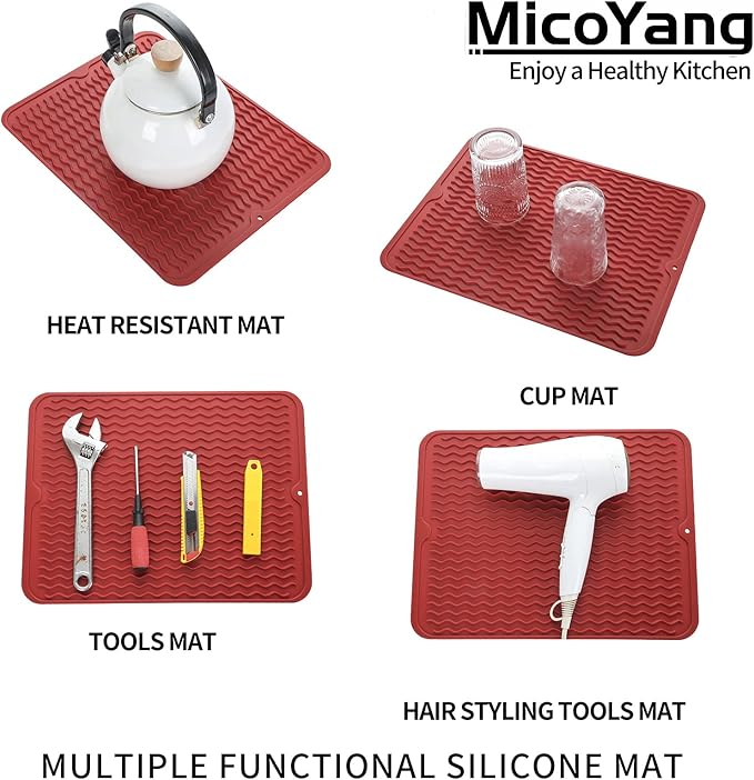 MicoYang Silicone Dish Drying Mat for Multiple Usage,Easy clean,Eco-friendly,Heat-resistant Silicone Mat for Kitchen Counter or Sink,Refrigerator or drawer liner Red L 16 inches x 12 inches