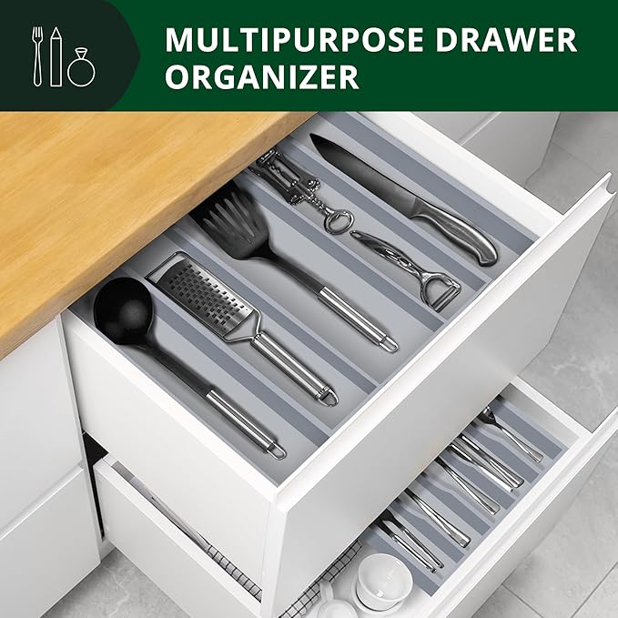 ROYAL CRAFT WOOD Luxury Bamboo Kitchen Drawer Organizer - Silverware Organizer - Utensil Holder and Cutlery Tray with Grooved Drawer Dividers for Flatware and Kitchen Utensils (5 Slot, Gray)